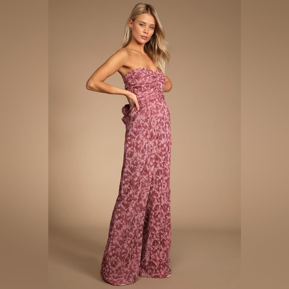 Lulu’s Lasting Love Mauve Organza Ruched Strapless Wide-Leg Jumpsuit - Picture 1 of 4